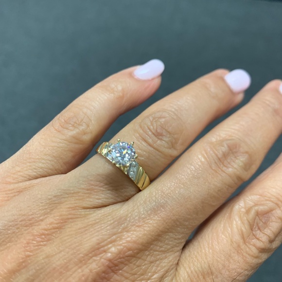 14k Yellow Real Gold 1ct Round CZ Engagement Ring - Picture 3 of 7